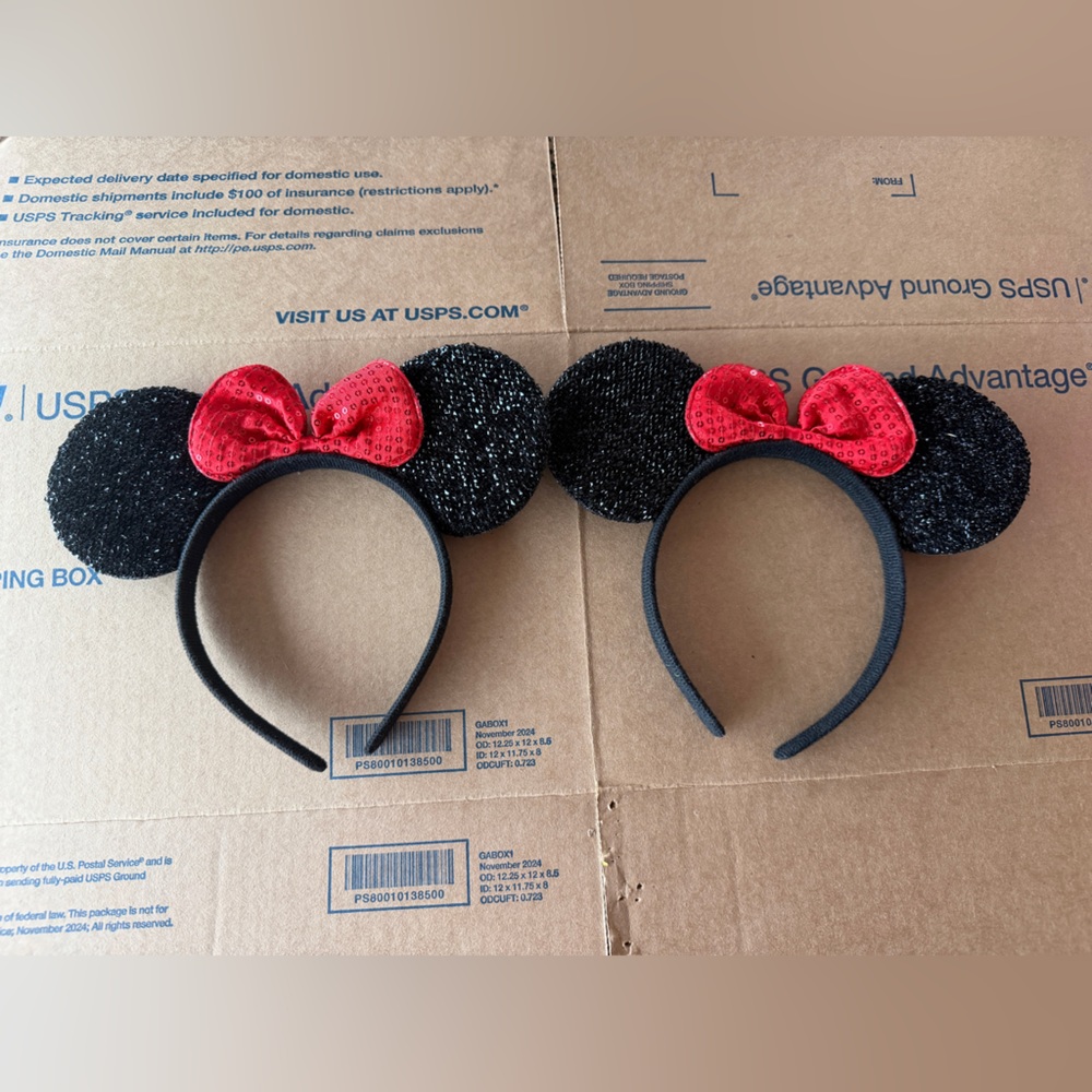 Set of  2 Black Sparkle Minnie Ear Headband with Red Sequin Bow